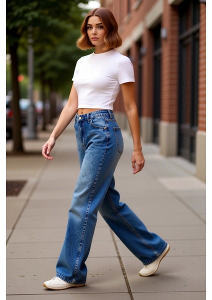 Kadın Yüksek Bel Bol Paça Denim Pantolon Fonksiyonel Dayanıklı Kaliteli Konforlu Estetik Şık modelleri