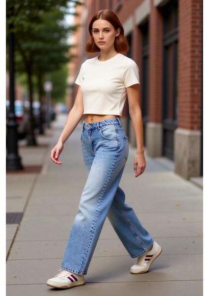 Kadın Yüksek Bel Geniş Paça Denim Pantolon Cool & Comfort Fonksiyonel Dayanıklı Kaliteli Şık