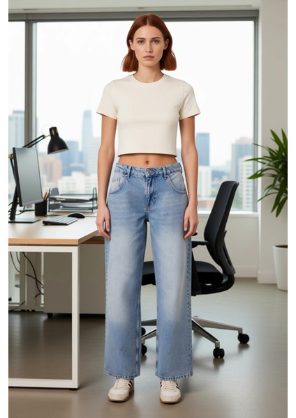 Kadın Yüksek Bel Geniş Paça Denim Pantolon Cool & Comfort Fonksiyonel Dayanıklı Kaliteli Şık fiyatları