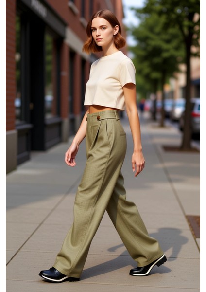 Kadın Haki Yüksek Bel Geniş Paça Dokuma Pantolon Fonksiyonel Dayanıklı Kaliteli Konforlu Şık
