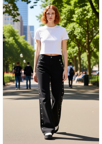 Kadın Geniş Paça Taş Detaylı Denim Pantolon Fonksiyonel Dayanıklı Kaliteli Konforlu Modern modelleri