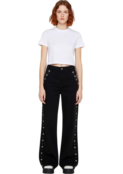 Kadın Geniş Paça Taş Detaylı Denim Pantolon Fonksiyonel Dayanıklı Kaliteli Konforlu Modern fırsatları