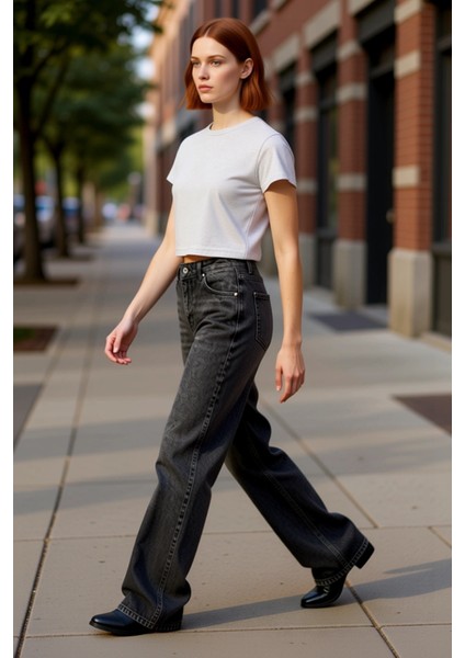 Kadın Yüksek Bel Geniş Paça Denim Pantolon Fonksiyonel Dayanıklı Kaliteli Konforlu Estetik