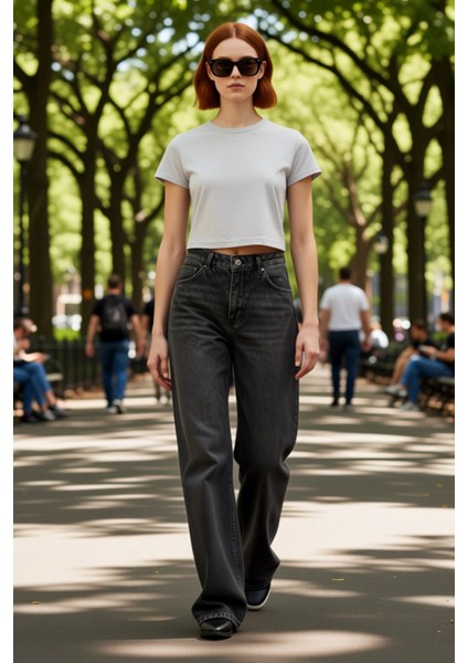 Kadın Yüksek Bel Geniş Paça Denim Pantolon Fonksiyonel Dayanıklı Kaliteli Konforlu Estetik modelleri