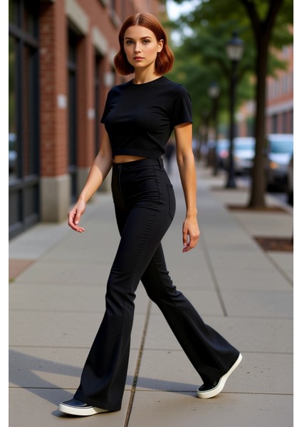 Kadın Yüksek Bel Flare Kesim Dokuma Pantolon Fonksiyonel Dayanıklı Kaliteli Konforlu Rahat