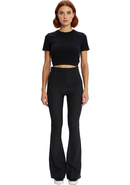 Kadın Yüksek Bel Flare Kesim Dokuma Pantolon Fonksiyonel Dayanıklı Kaliteli Konforlu Rahat fırsatları