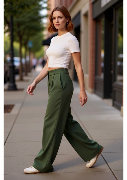 Kadın Haki Yüksek Bel Geniş Paça Pilili Dokuma Pantolon Fonksiyonel Dayanıklı Kaliteli Şık