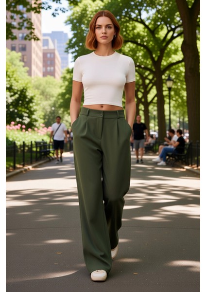 Kadın Haki Yüksek Bel Geniş Paça Pilili Dokuma Pantolon Fonksiyonel Dayanıklı Kaliteli Şık modelleri