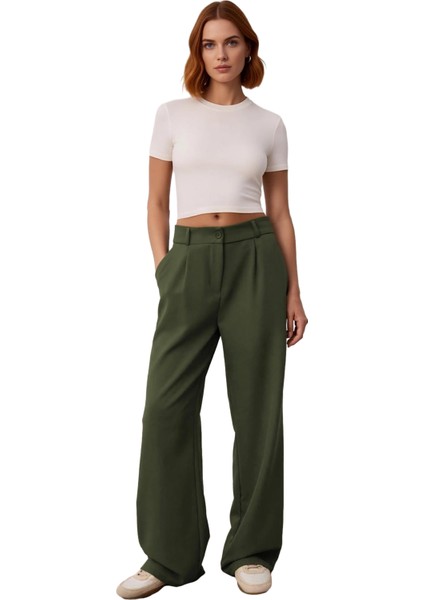 Kadın Haki Yüksek Bel Geniş Paça Pilili Dokuma Pantolon Fonksiyonel Dayanıklı Kaliteli Şık fırsatları