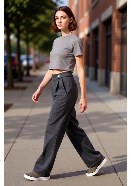 Kadın Antrasit Pileli Geniş Paça Örme Pantolon Fonksiyonel Dayanıklı Kaliteli Konforlu Şık