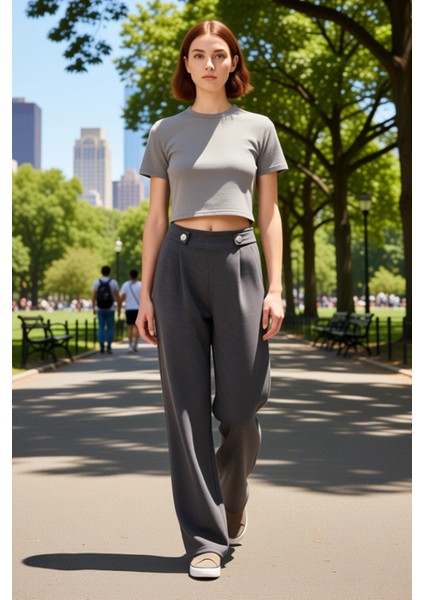 Kadın Antrasit Pileli Geniş Paça Örme Pantolon Fonksiyonel Dayanıklı Kaliteli Konforlu Şık modelleri