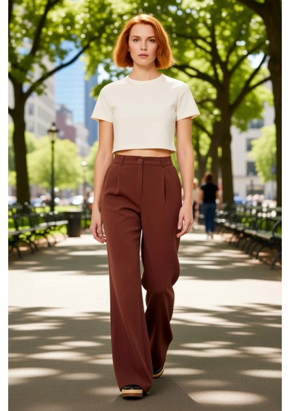 Kadın Haki Yüksek Bel Geniş Paça Pilili Dokuma Pantolon Fonksiyonel Dayanıklı Kaliteli Şık modelleri