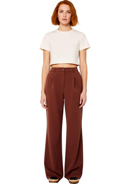 Kadın Haki Yüksek Bel Geniş Paça Pilili Dokuma Pantolon Fonksiyonel Dayanıklı Kaliteli Şık fırsatları