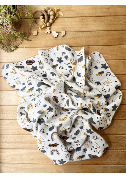 85X75CM Kenarı Oyalı Tilki ve Gökkuşağı Desenli Tek Katlı %100 Pamuk Müslin Battaniye