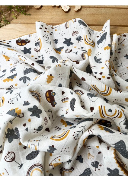 85X75CM Kenarı Oyalı Tilki ve Gökkuşağı Desenli Tek Katlı %100 Pamuk Müslin Battaniye fiyatları