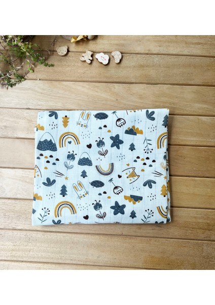 85X75CM Kenarı Oyalı Tilki ve Gökkuşağı Desenli Tek Katlı %100 Pamuk Müslin Battaniye modelleri