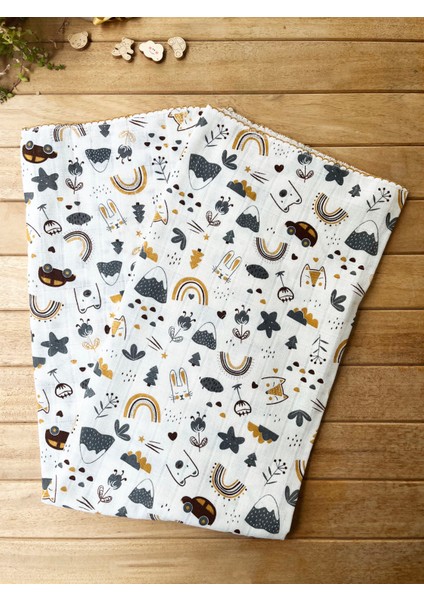 85X75CM Kenarı Oyalı Tilki ve Gökkuşağı Desenli Tek Katlı %100 Pamuk Müslin Battaniye indirimleri