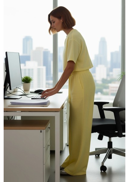 Kadın Wide Leg Keten Dokulu Pantolon Fonksiyonel Dayanıklı Kaliteli Konforlu Estetik Rahat