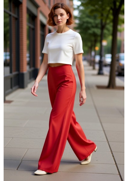 Kadin Kirmizi Yirtmaçli Geniş Paça Pantolon Fonksiyonel Dayanıklı Kaliteli Konforlu Modern