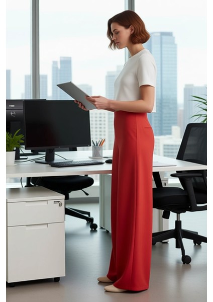 Kadin Kirmizi Yirtmaçli Geniş Paça Pantolon Fonksiyonel Dayanıklı Kaliteli Konforlu Modern fiyatları