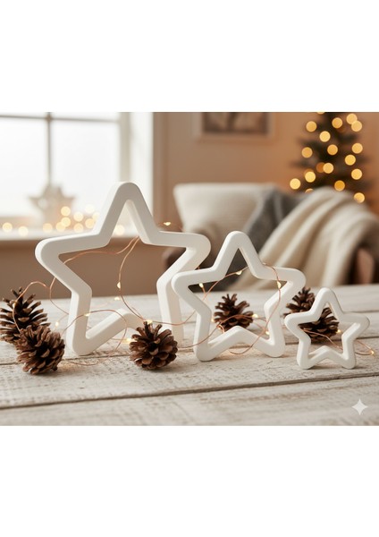 Starlight Christmas Set – 3’lü 3D Baskı Yıldız Dekor Seti (Yılbaşı Temalı, Beyaz)