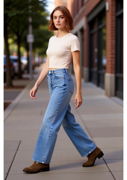 Kadın Yüksek Bel Geniş Paça Denim Pantolon Fonksiyonel Dayanıklı Kaliteli Konforlu Estetik