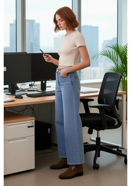 Kadın Yüksek Bel Geniş Paça Denim Pantolon Fonksiyonel Dayanıklı Kaliteli Konforlu Estetik fiyatları