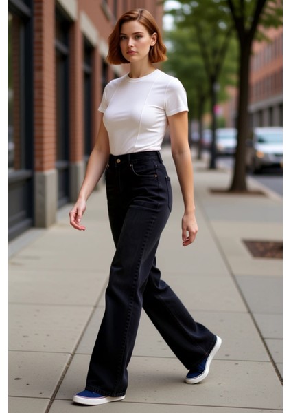 Kadın Yüksek Bel Geniş Paça Denim Pantolon Fonksiyonel Dayanıklı Kaliteli Konforlu Estetik