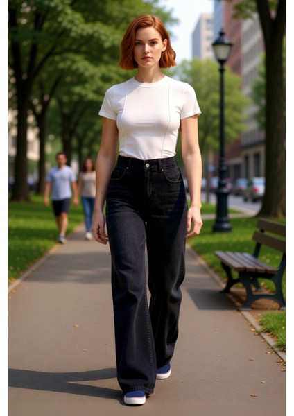 Kadın Yüksek Bel Geniş Paça Denim Pantolon Fonksiyonel Dayanıklı Kaliteli Konforlu Estetik modelleri