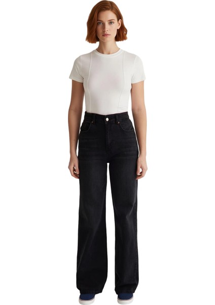 Kadın Yüksek Bel Geniş Paça Denim Pantolon Fonksiyonel Dayanıklı Kaliteli Konforlu Estetik fırsatları