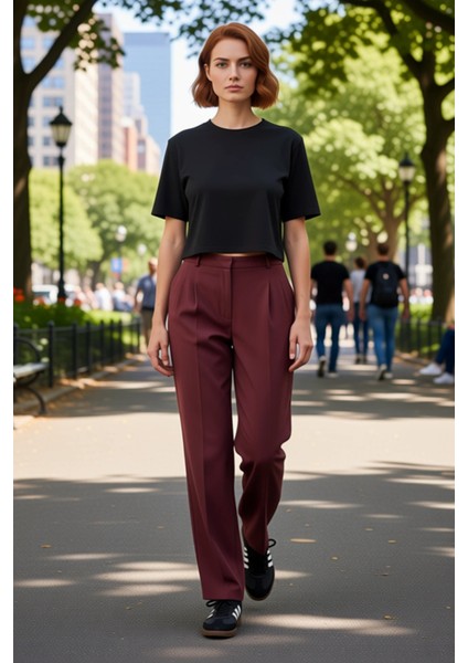 Kadın Düz Kesim Yüksek Bel Dokuma Kumaş Pantolon Fonksiyonel Dayanıklı Kaliteli Konforlu Şık modelleri