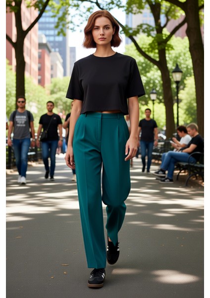 Kadın Düz Kesim Yüksek Bel Dokuma Kumaş Pantolon Fonksiyonel Dayanıklı Kaliteli Konforlu Şık modelleri