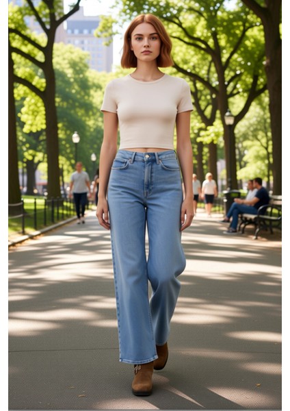 Kadın Yüksek Bel Geniş Paça Denim Pantolon Fonksiyonel Dayanıklı Kaliteli Konforlu Estetik modelleri