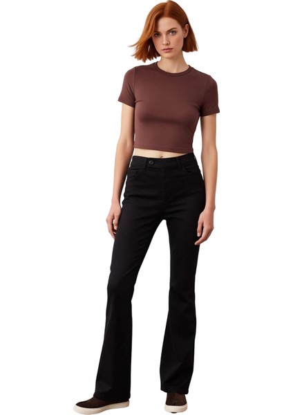 Kadın Yüksek Bel Flare Denim Pantolon Fonksiyonel Dayanıklı Kaliteli Konforlu Estetik Spor fırsatları