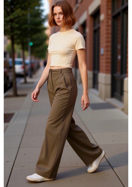 Kadın Gabardin Yüksek Bel Geniş Paça Pantolon Fonksiyonel Dayanıklı Kaliteli Konforlu Spor