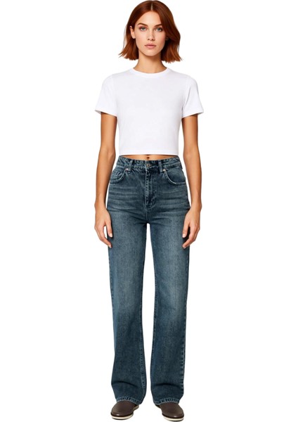 Kadın Yüksek Bel Düz Renk Geniş Paça Jean Fonksiyonel Dayanıklı Kaliteli Konforlu Estetik Şık