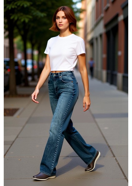 Kadın Yüksek Bel Düz Renk Geniş Paça Jean Fonksiyonel Dayanıklı Kaliteli Konforlu Estetik Şık indirimleri