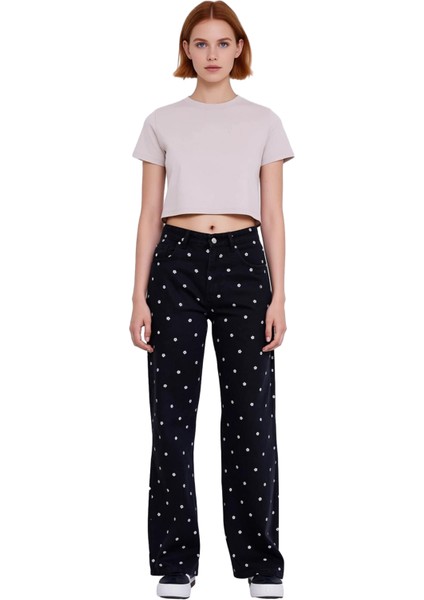 Genç Kadin Çiçek Baskili Wide Leg Jean Fonksiyonel Dayanıklı Kaliteli Konforlu Estetik Şık