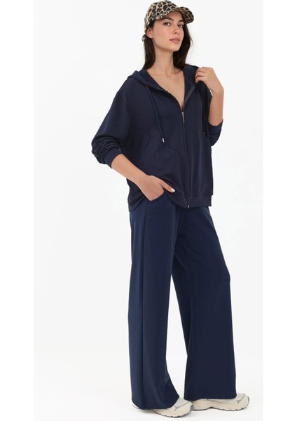 Kadın Modal Touch Fermuarlı Kapşonlu Sweatshirt Lacivert
