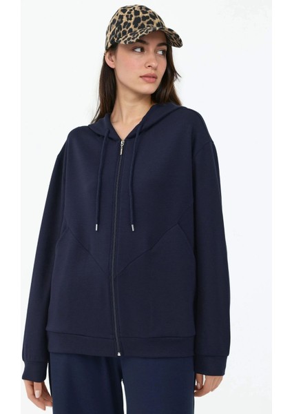 Kadın Modal Touch Fermuarlı Kapşonlu Sweatshirt Lacivert