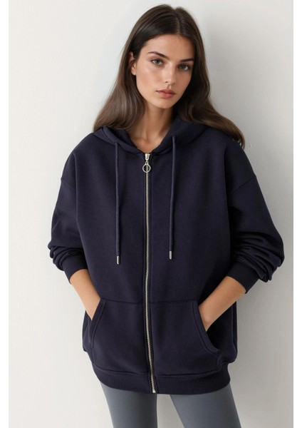 Kadın Şardonlu Cepli Fermuarlı Kapüşonlu Sweatshirt Busem Collection Lacivert