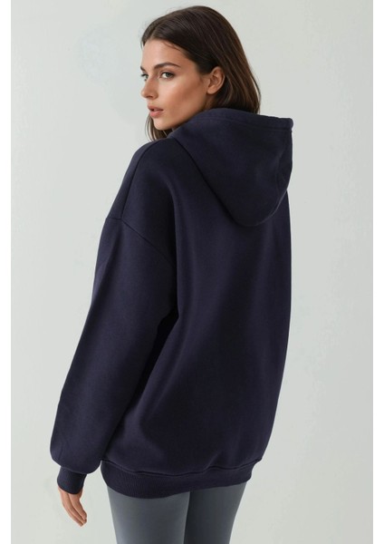 Kadın Şardonlu Cepli Fermuarlı Kapüşonlu Sweatshirt Busem Collection Lacivert