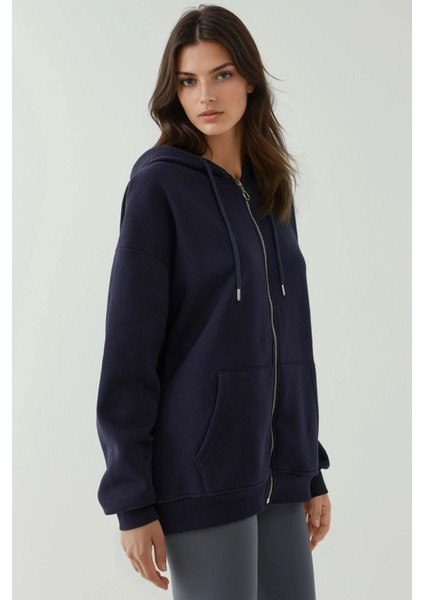 Kadın Şardonlu Cepli Fermuarlı Kapüşonlu Sweatshirt Busem Collection Lacivert