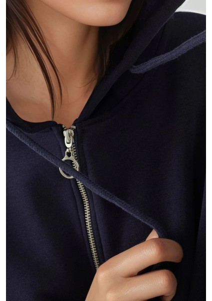 Kadın Şardonlu Cepli Fermuarlı Kapüşonlu Sweatshirt Busem Collection Lacivert