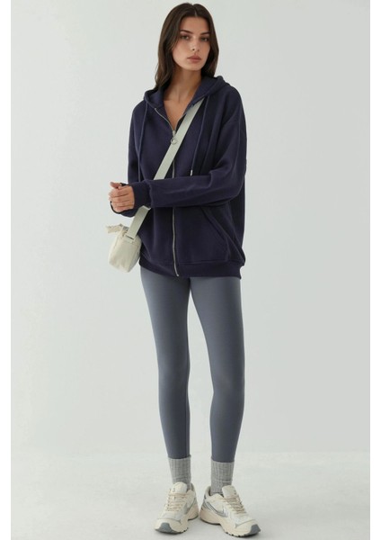 Kadın Şardonlu Cepli Fermuarlı Kapüşonlu Sweatshirt Busem Collection Lacivert