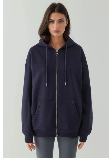Kadın Şardonlu Cepli Fermuarlı Kapüşonlu Sweatshirt Busem Collection Lacivert