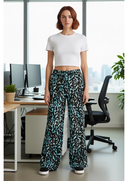 Kadın Leopar Desenli Yüksek Bel Geniş Paça Pantolon Fonksiyonel Dayanıklı Kaliteli Estetik