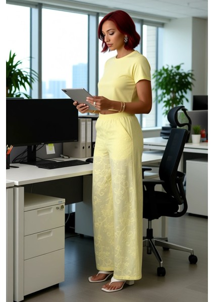 Kadın Brode Desenli Geniş Paça Pantolon Fonksiyonel Dayanıklı Kaliteli Konforlu Estetik Şık fiyatları