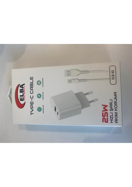 Elb-43 25W 2li USB Başlık Type-C Kablolu Set Hızlı Şarj Akım Koruma fiyatları