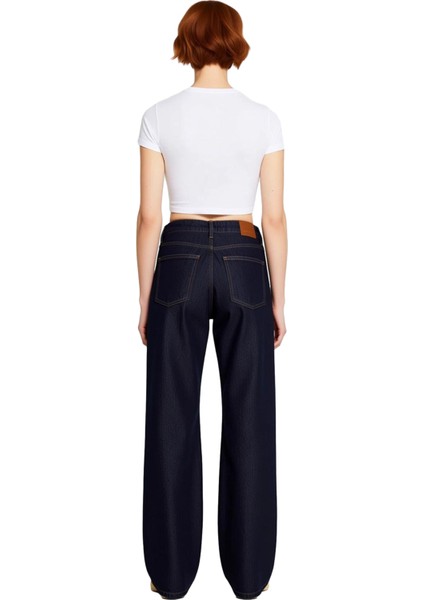 Kadın Koyu Yüksek Bel Geniş Paça Denim Pantolon Fonksiyonel Dayanıklı Kaliteli Konforlu Şık indirimleri